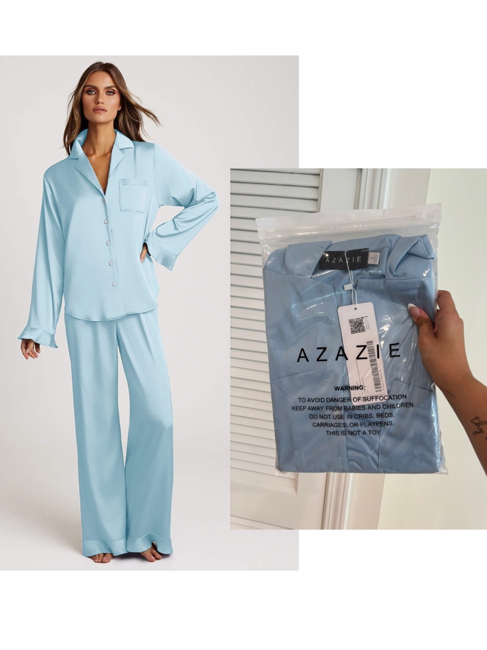 Azazie Light Blue Satin Pajama Set - Relaxed Button-Up